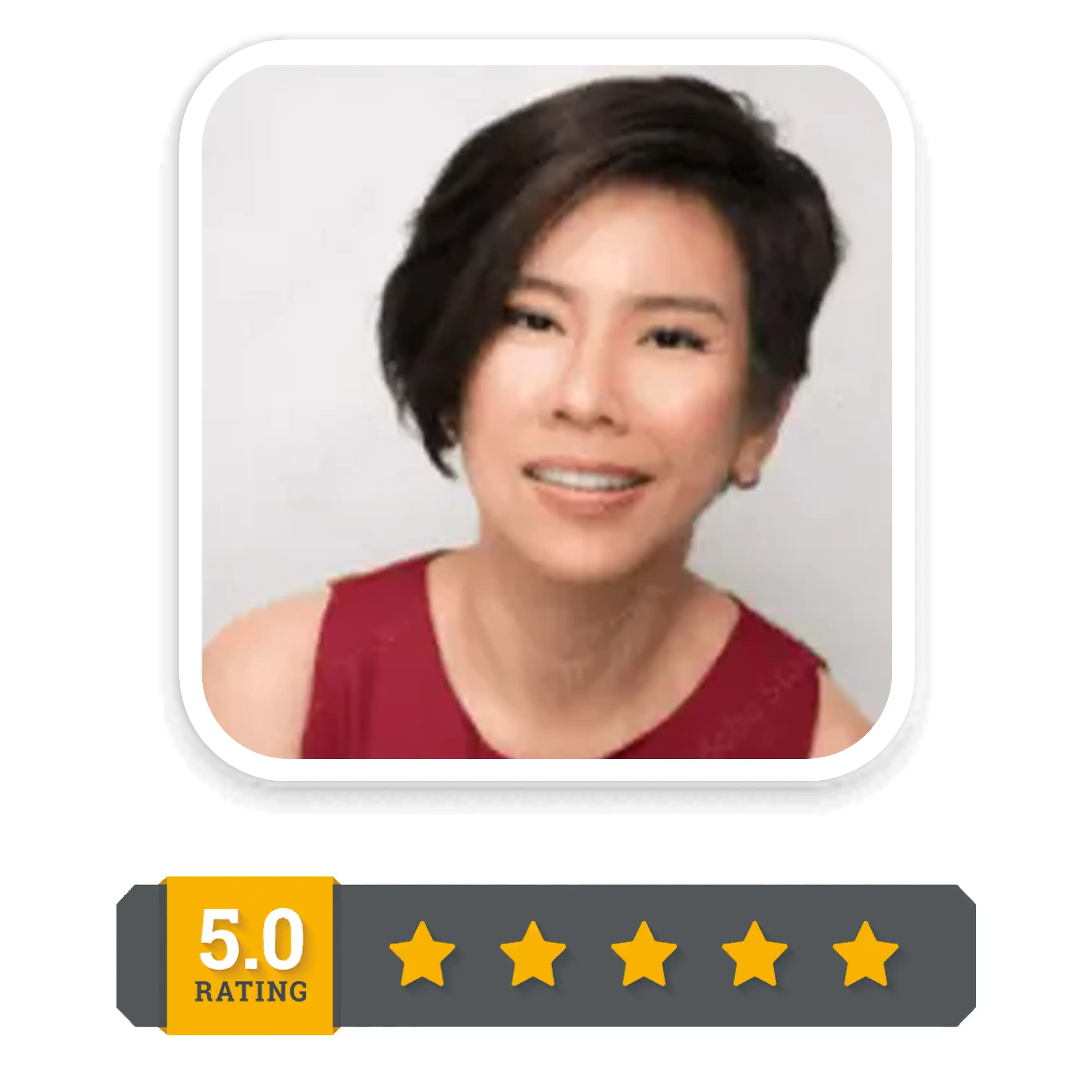 Female customer smiling with 5 star rating review for Moringa Magic supplement