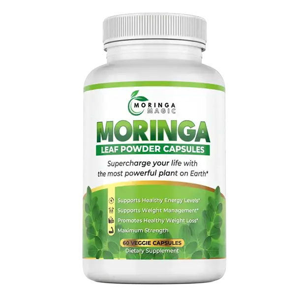 Moringa Magic leaf powder capsules bottle natural supplement for energy support and overall wellness