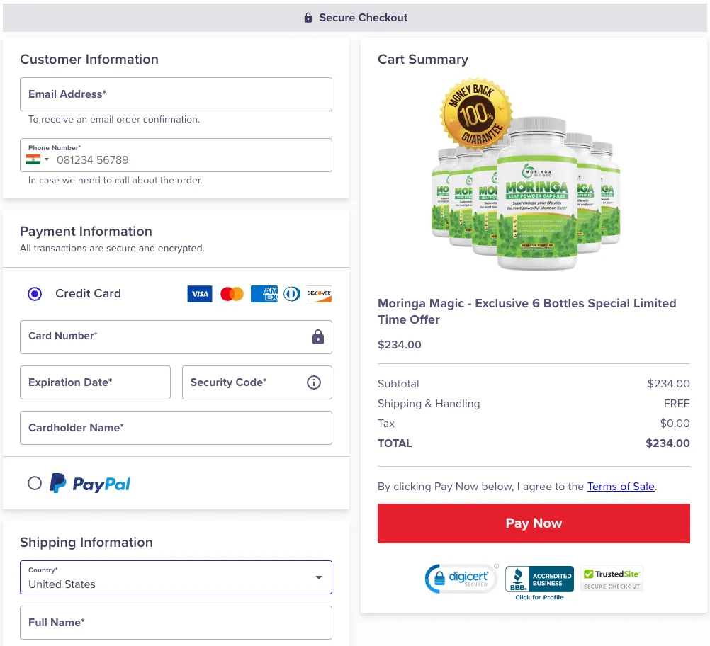 Moringa Magic secure checkout page showing order form and bundle offer