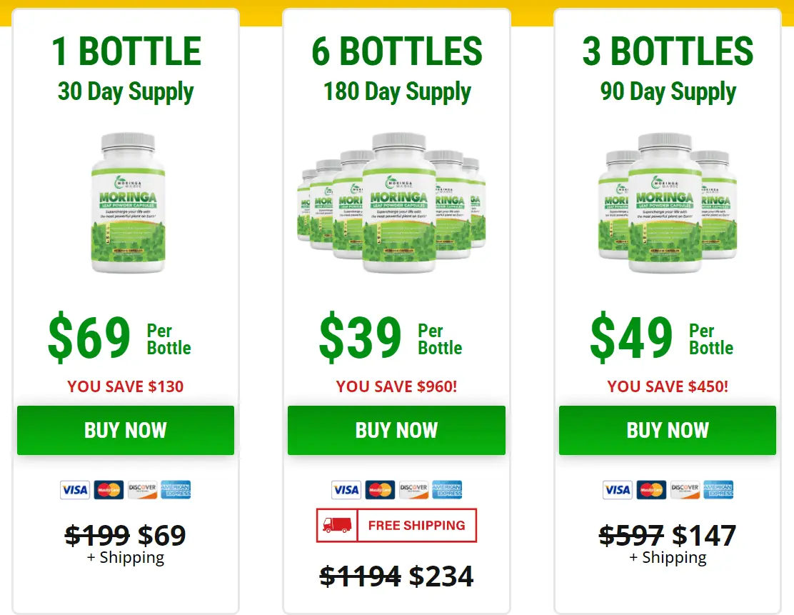 Moringa Magic pricing options showing 1 bottle 3 bottle and 6 bottle packages with discounts