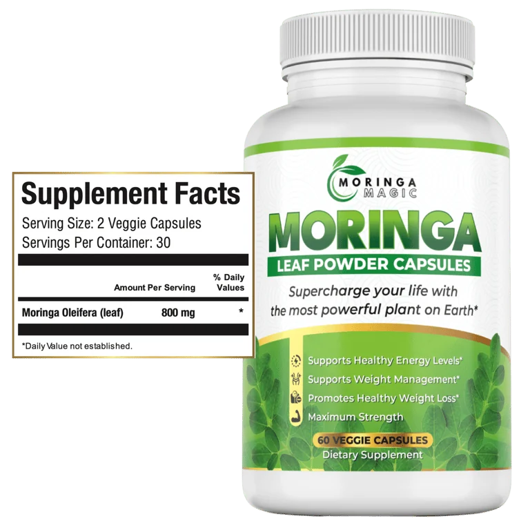 Moringa Magic Supplement Facts showing serving size two veggie capsules and 800 mg Moringa oleifera leaf per serving